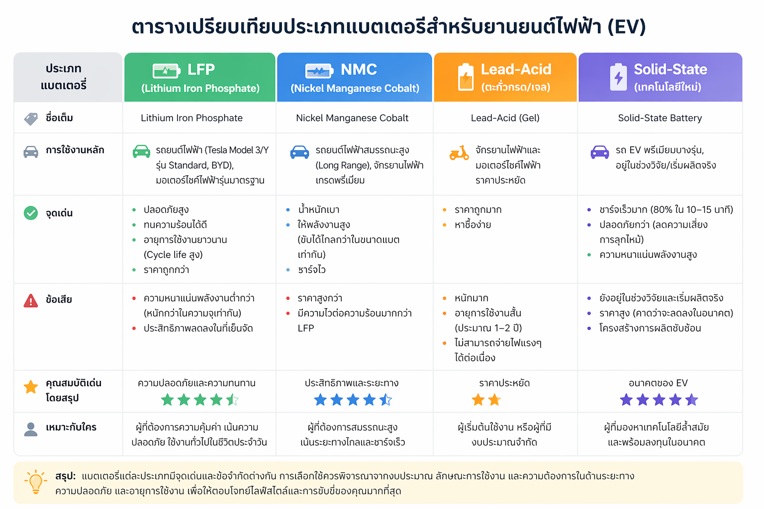 ตารางเปรียบเทียบแบตเตอรี่รถไฟฟ้า